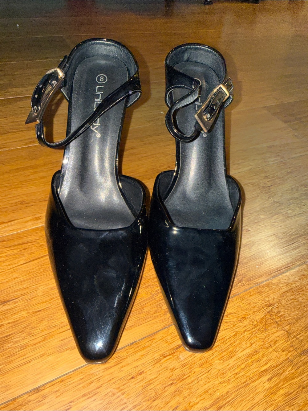 Black Patent Pointed Ankle-Strap Heels with Gold Buckles